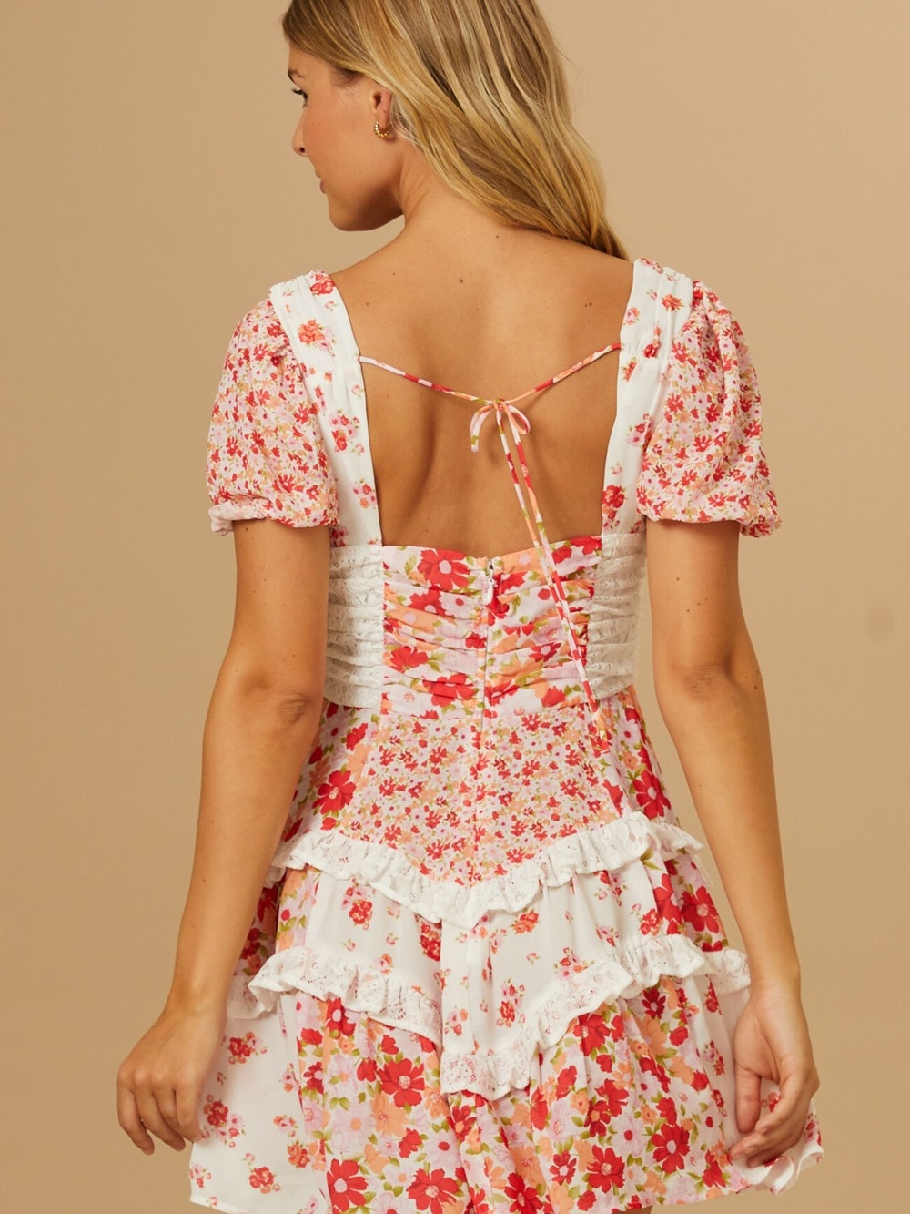 Altar'd State White Coral Floral Mini Dress Puff Sleeve Tiered Ruffle Boho Size - Picture 7 of 11